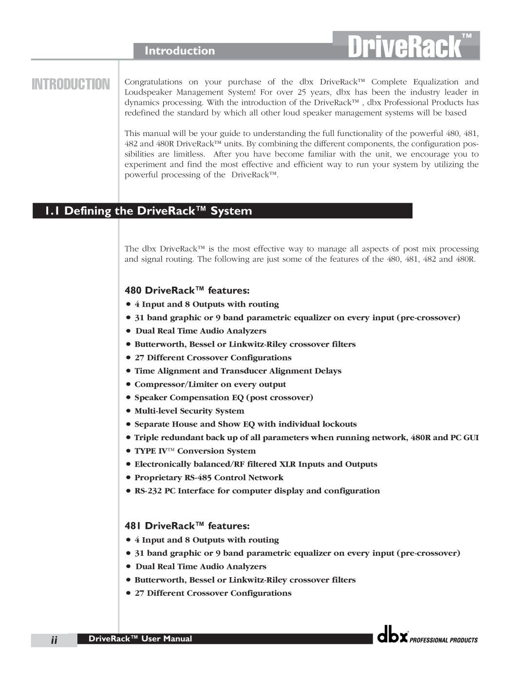 dbx Pro 480 user manual IntroductionDriveRack, Defining the DriveRack System, DriveRack features 