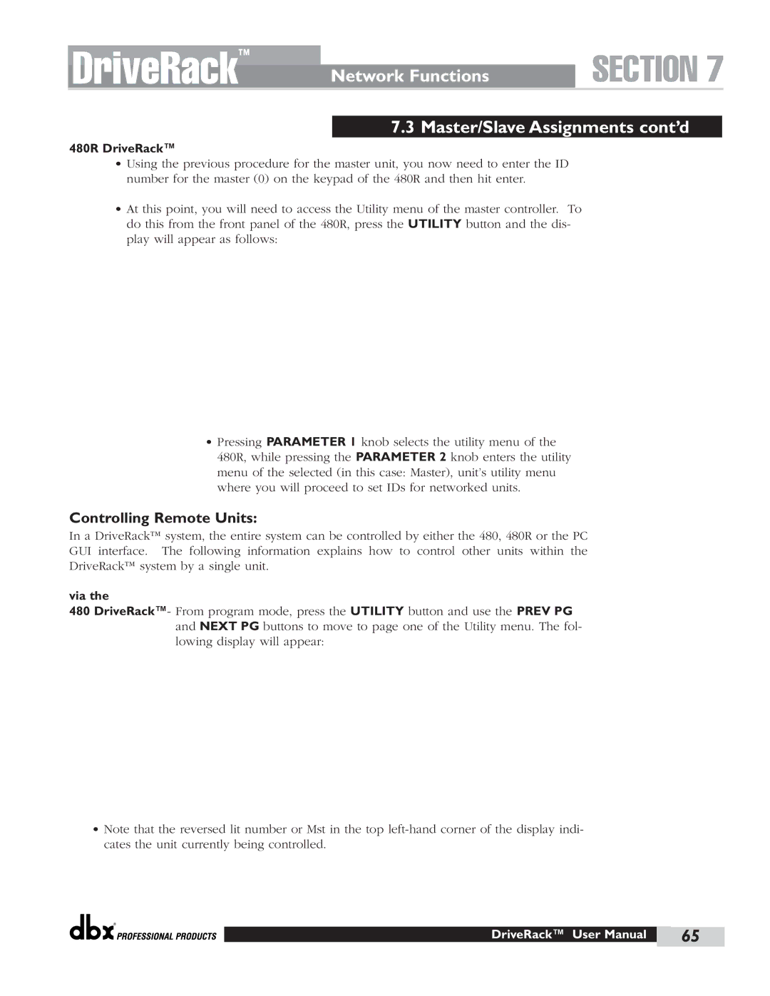 dbx Pro 480 user manual Master/Slave Assignments cont’d, Controlling Remote Units 