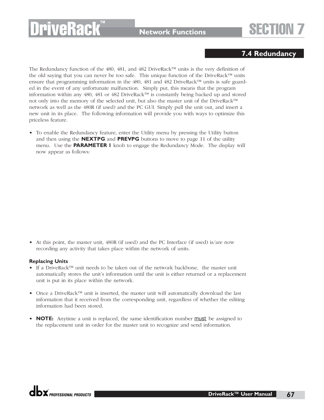 dbx Pro 480 user manual Redundancy, Replacing Units 