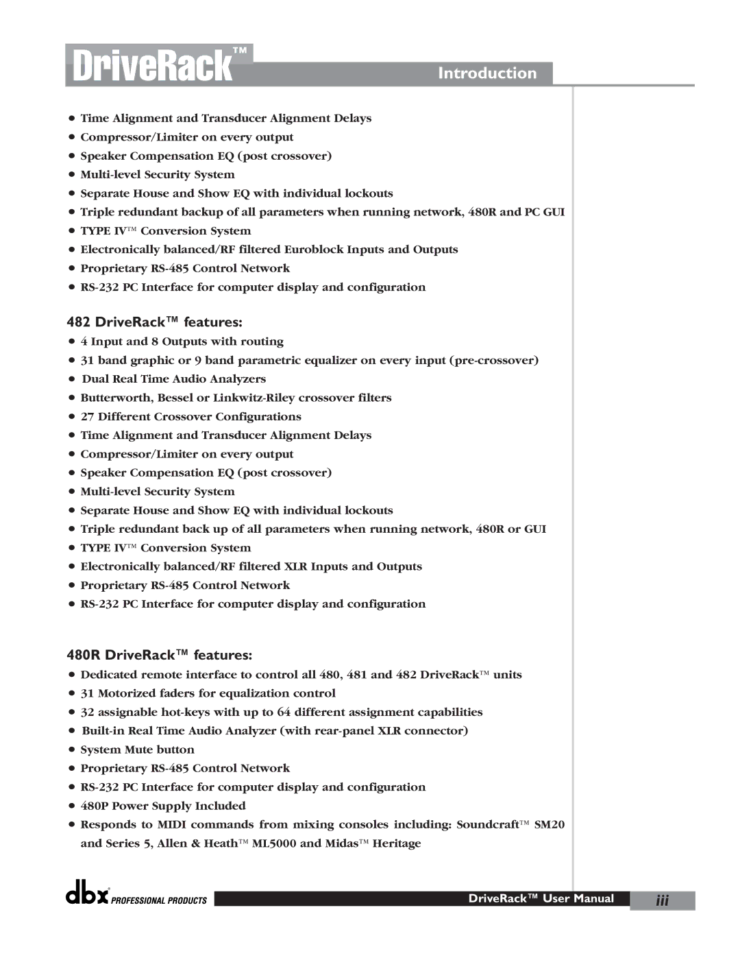 dbx Pro user manual DriveRackIntroduction, 480R DriveRack features 