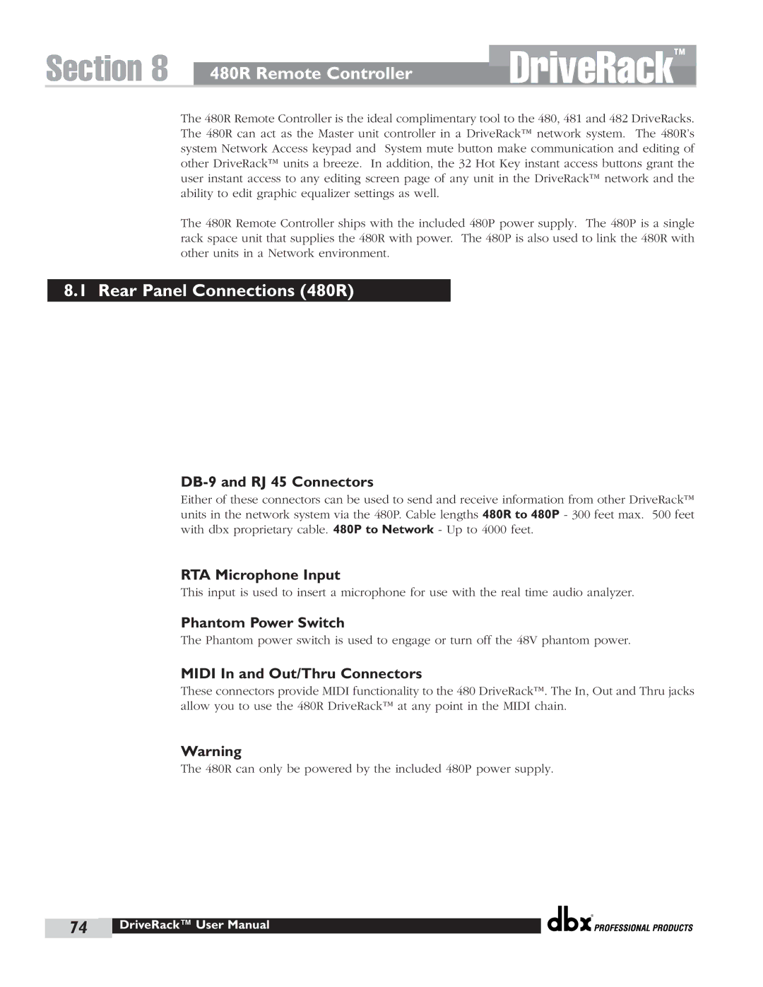 dbx Pro user manual 480R Remote Controller, Rear Panel Connections 480R 