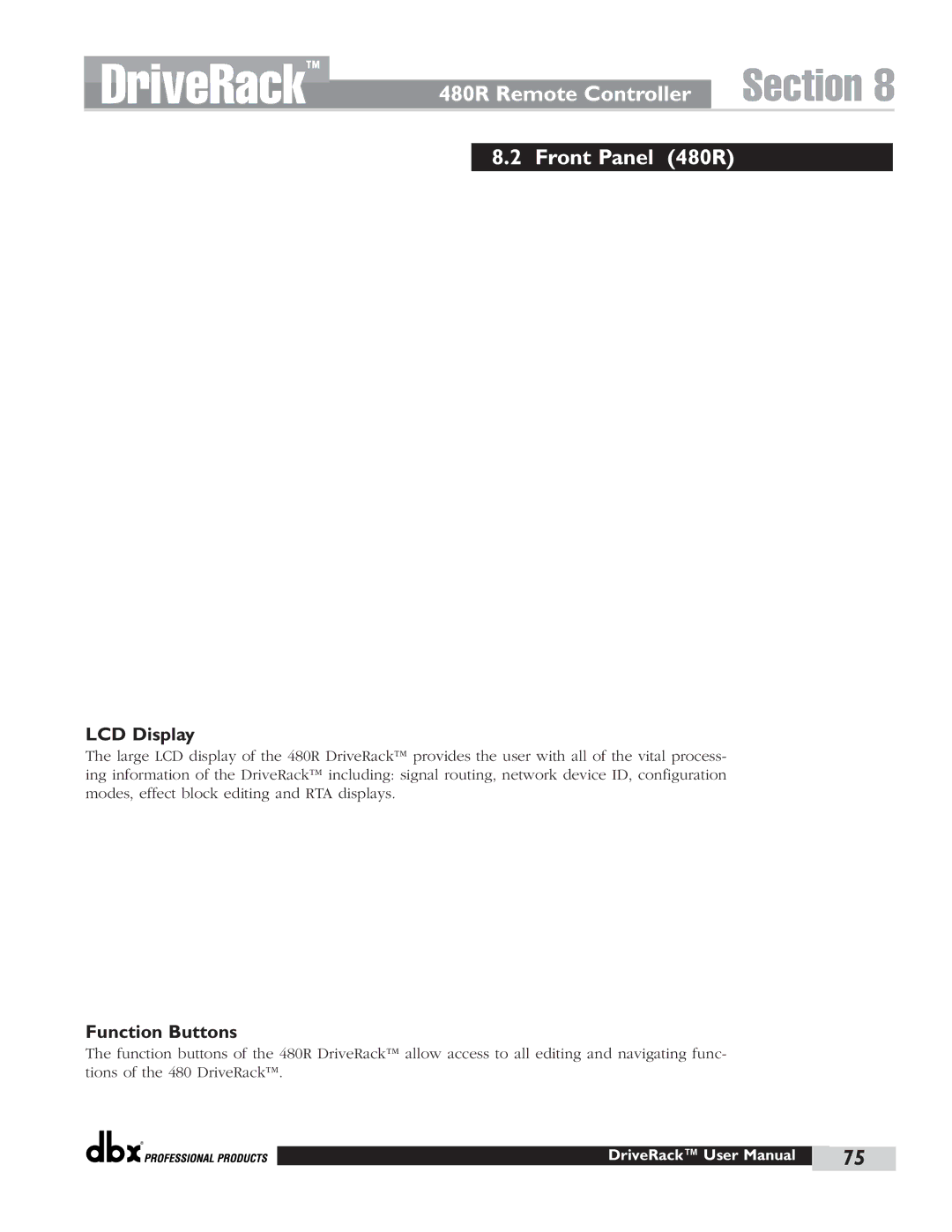 dbx Pro user manual Section, Front Panel 480R 