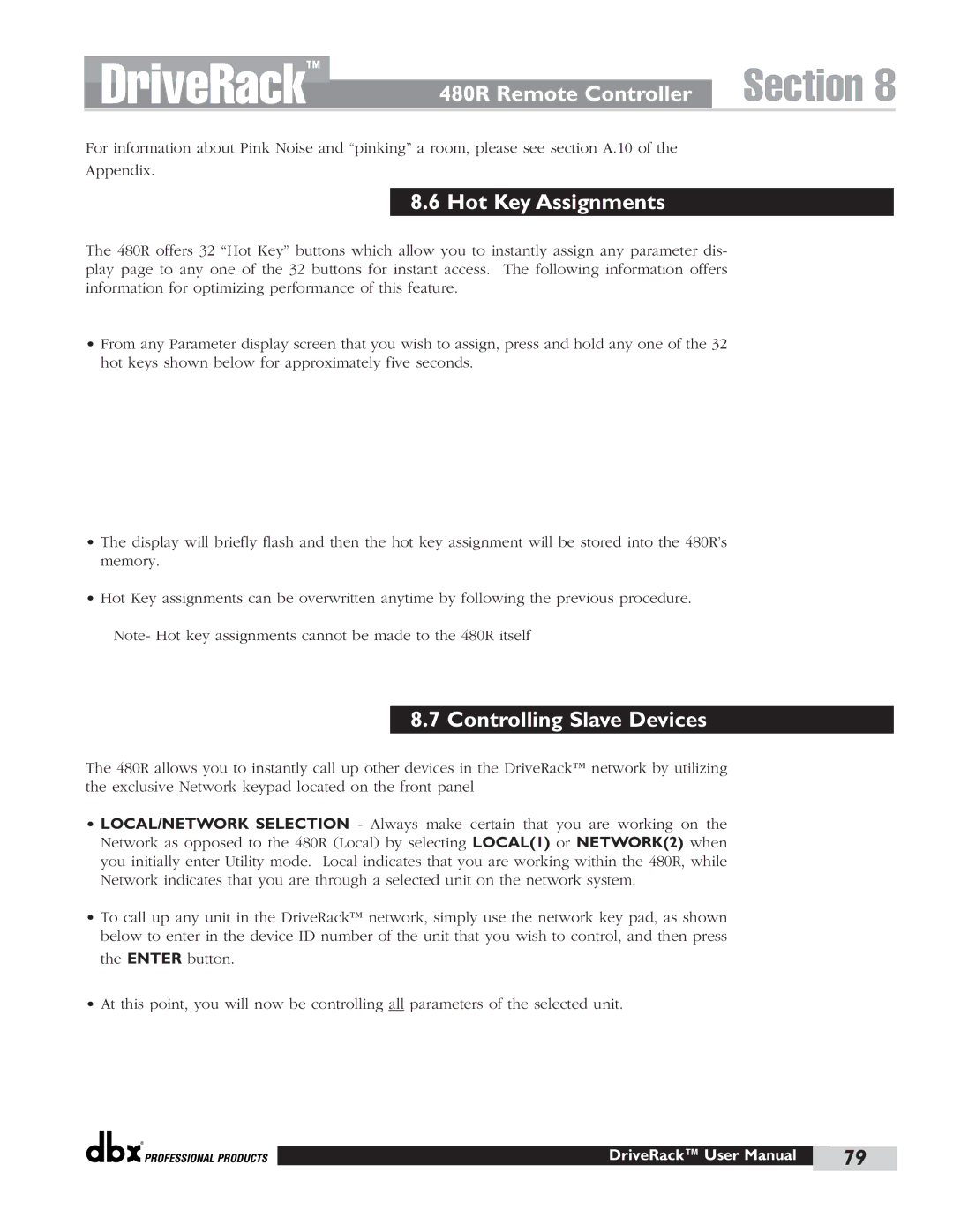 dbx Pro 480 user manual Hot Key Assignments, Controlling Slave Devices 