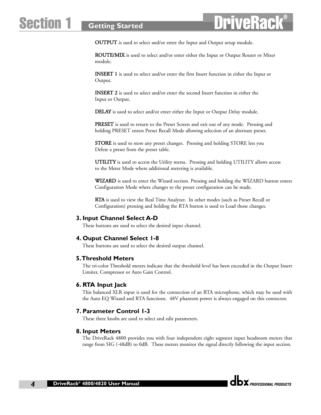 dbx Pro 4800, 4820 Input Channel Select A-D, Ouput Channel Select, Threshold Meters, RTA Input Jack, Parameter Control 
