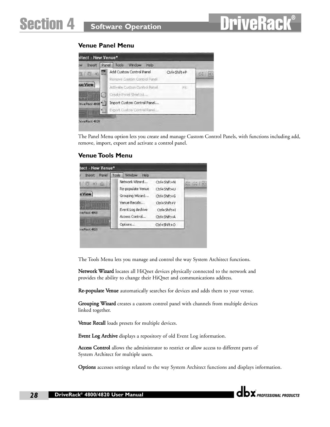 dbx Pro 4800, 4820 manual Venue Panel Menu, Venue Tools Menu 