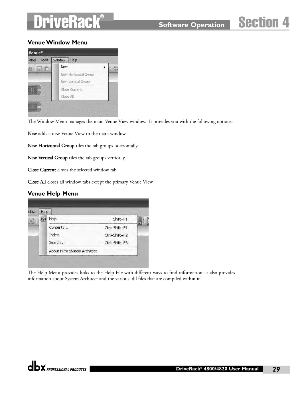 dbx Pro 4820, 4800 manual Venue Window Menu, Venue Help Menu 