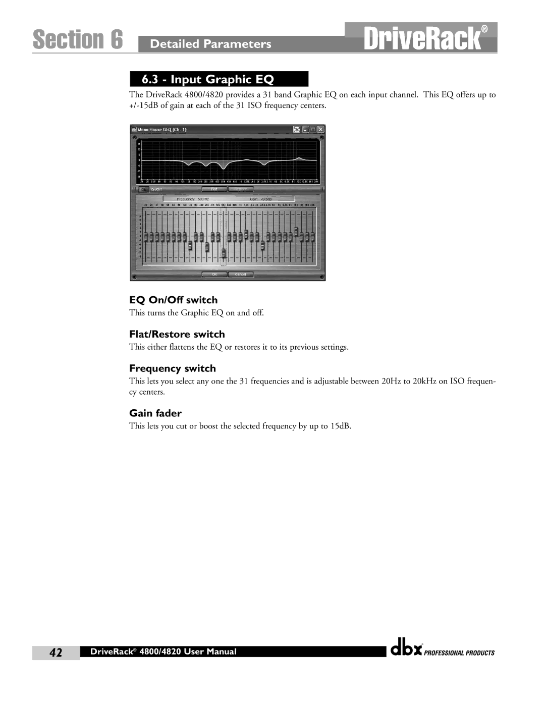 dbx Pro 4800, 4820 manual Input Graphic EQ, EQ On/Off switch, Flat/Restore switch, Frequency switch, Gain fader 