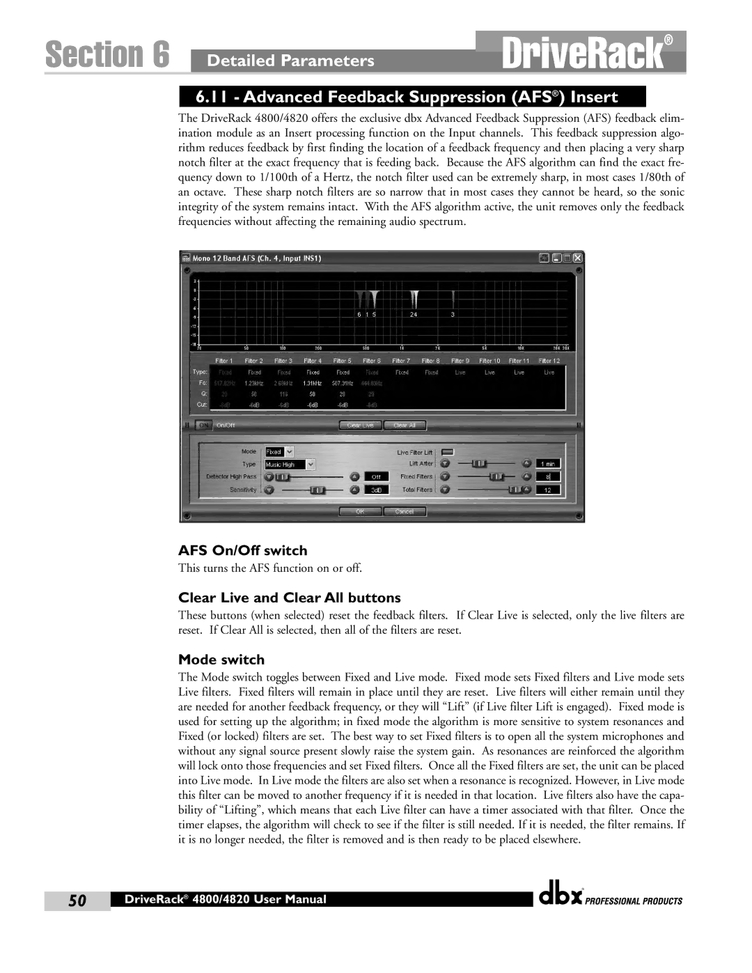 dbx Pro 4800 Advanced Feedback Suppression AFS Insert, AFS On/Off switch, Clear Live and Clear All buttons, Mode switch 