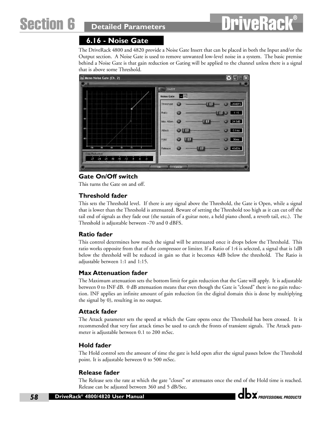 dbx Pro 4800, 4820 manual Noise Gate, Gate On/Off switch, Max Attenuation fader 