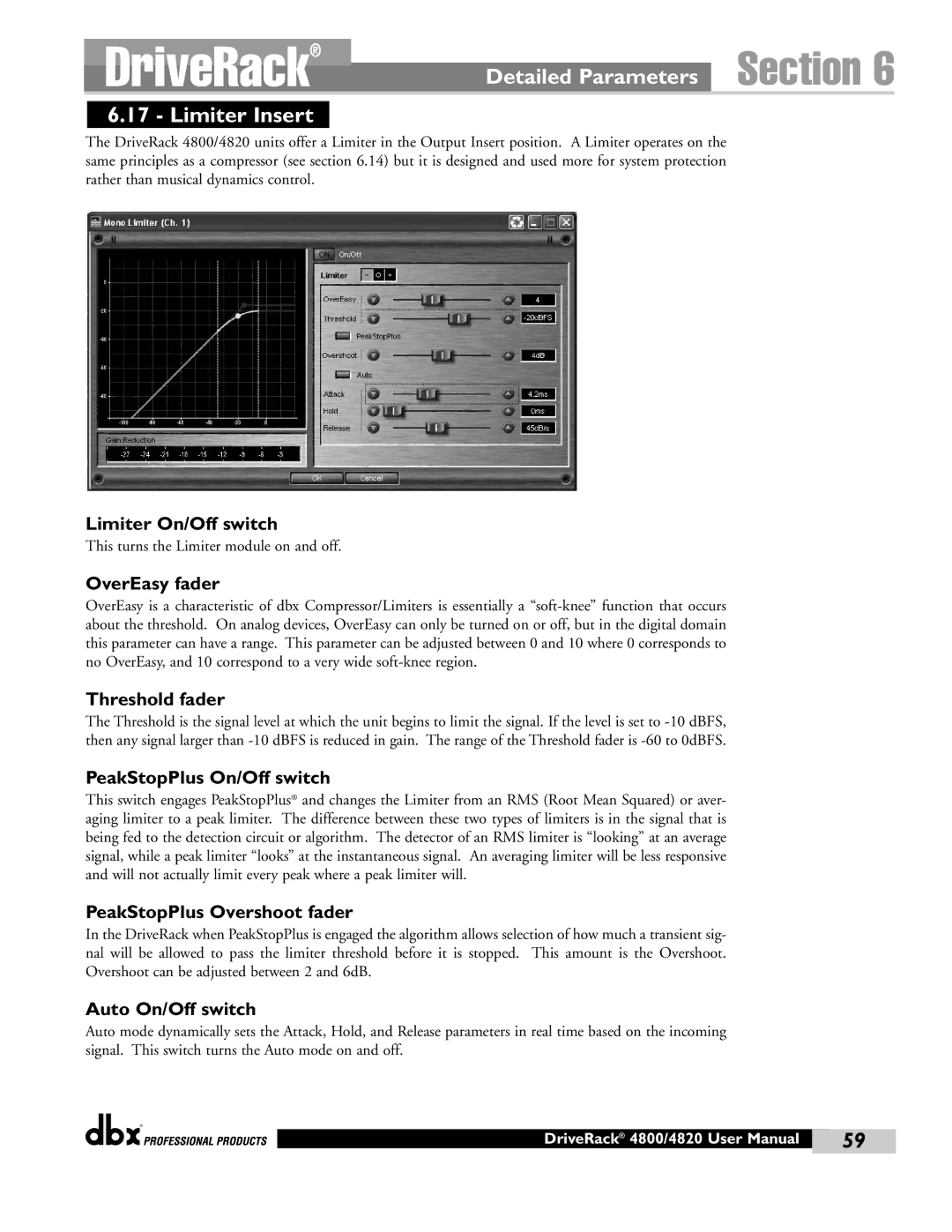 dbx Pro 4820, 4800 manual Limiter Insert, Limiter On/Off switch, PeakStopPlus On/Off switch, PeakStopPlus Overshoot fader 