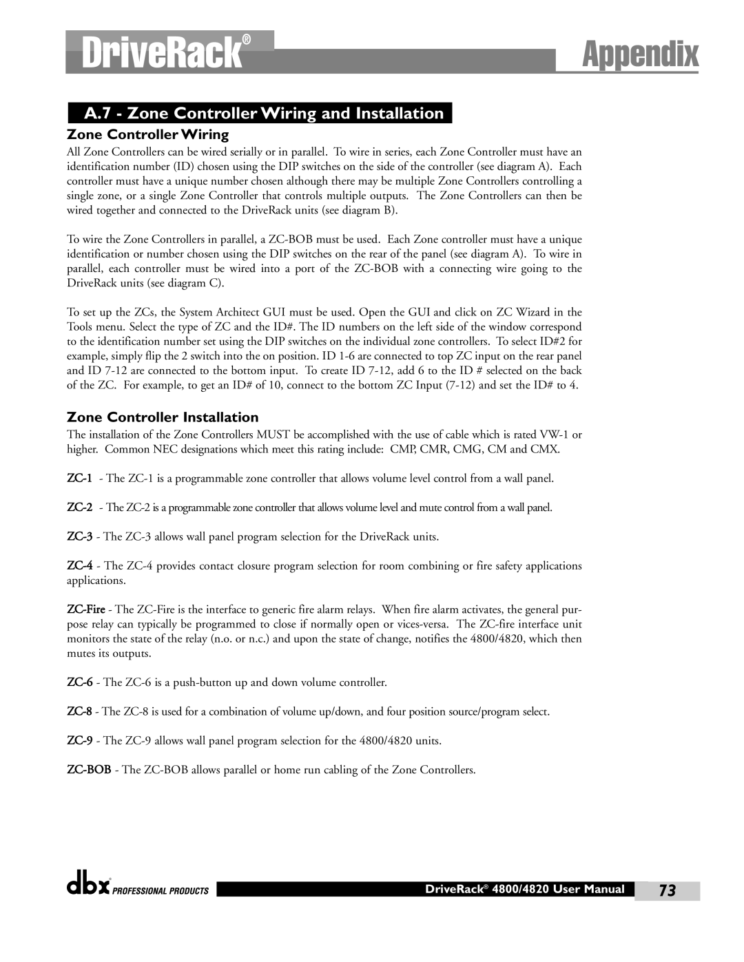 dbx Pro 4820, 4800 manual Zone Controller Wiring and Installation, Zone Controller Installation 