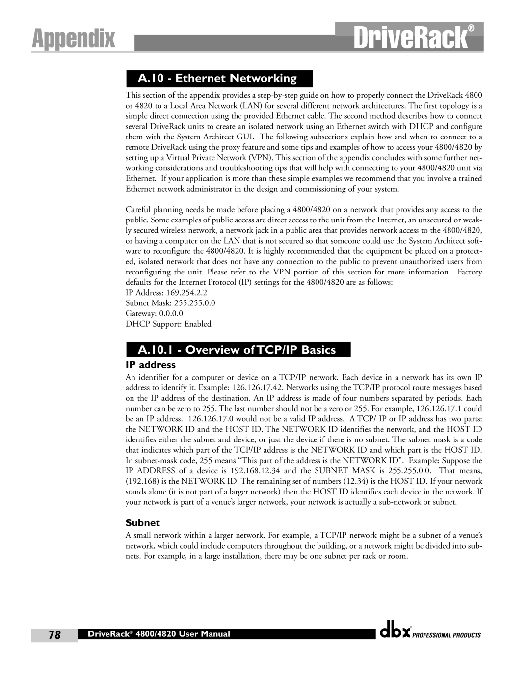 dbx Pro 4800, 4820 manual Ethernet Networking, Overview of TCP/IP Basics, IP address, Subnet 