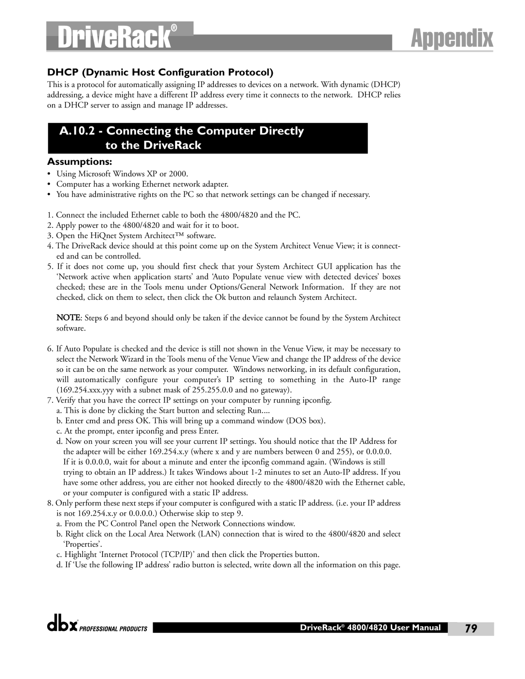 dbx Pro 4820 Connecting the Computer Directly to the DriveRack, Dhcp Dynamic Host Configuration Protocol, Assumptions 