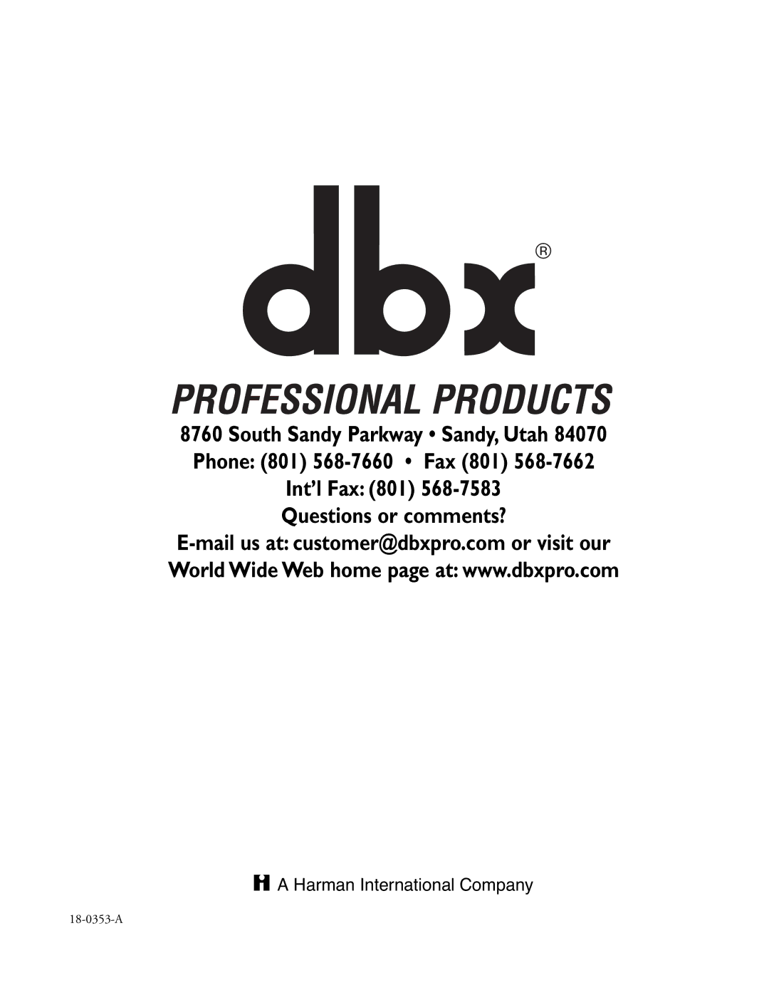 dbx Pro 4800, 4820 manual Harman International Company 