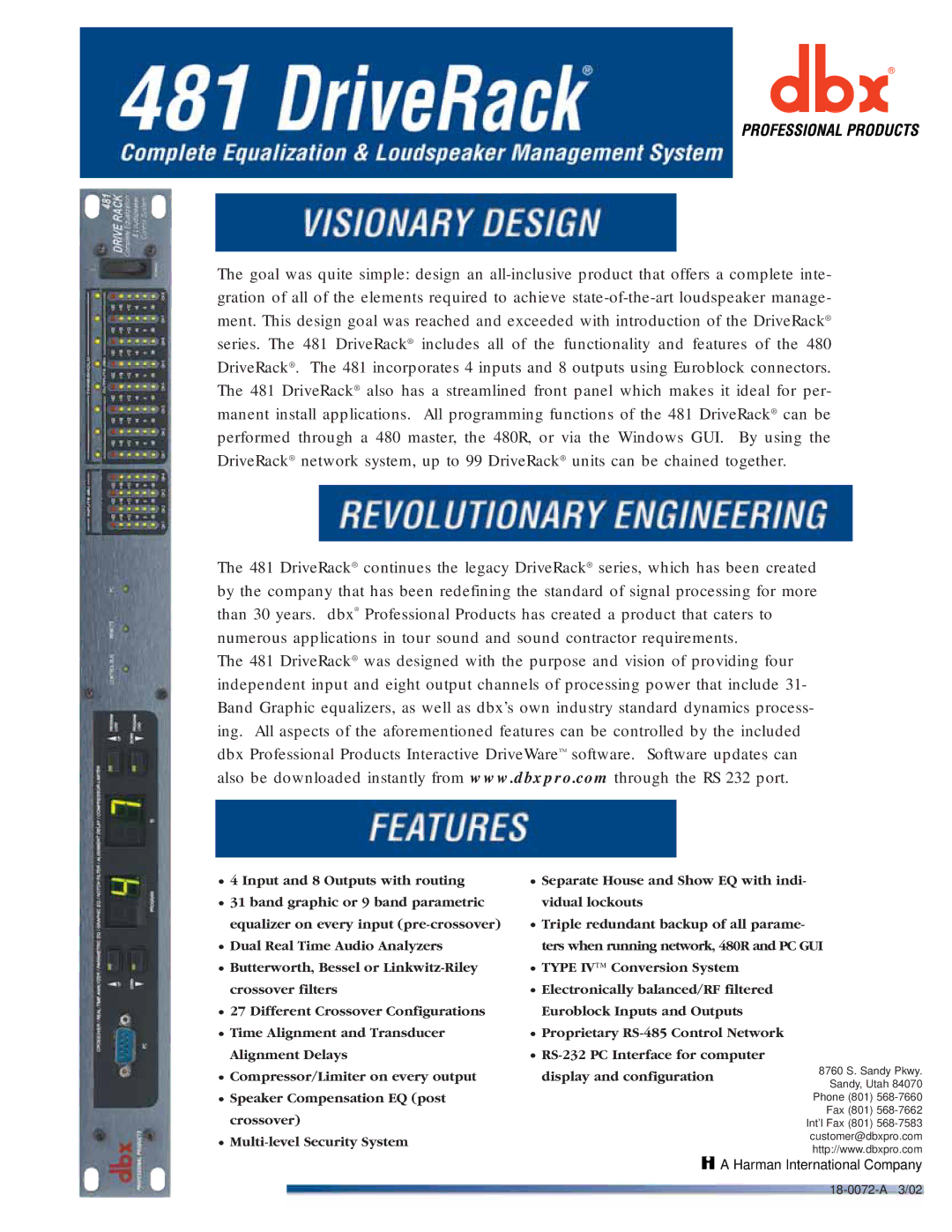 dbx Pro 481 DriveRack manual Harman International Company 