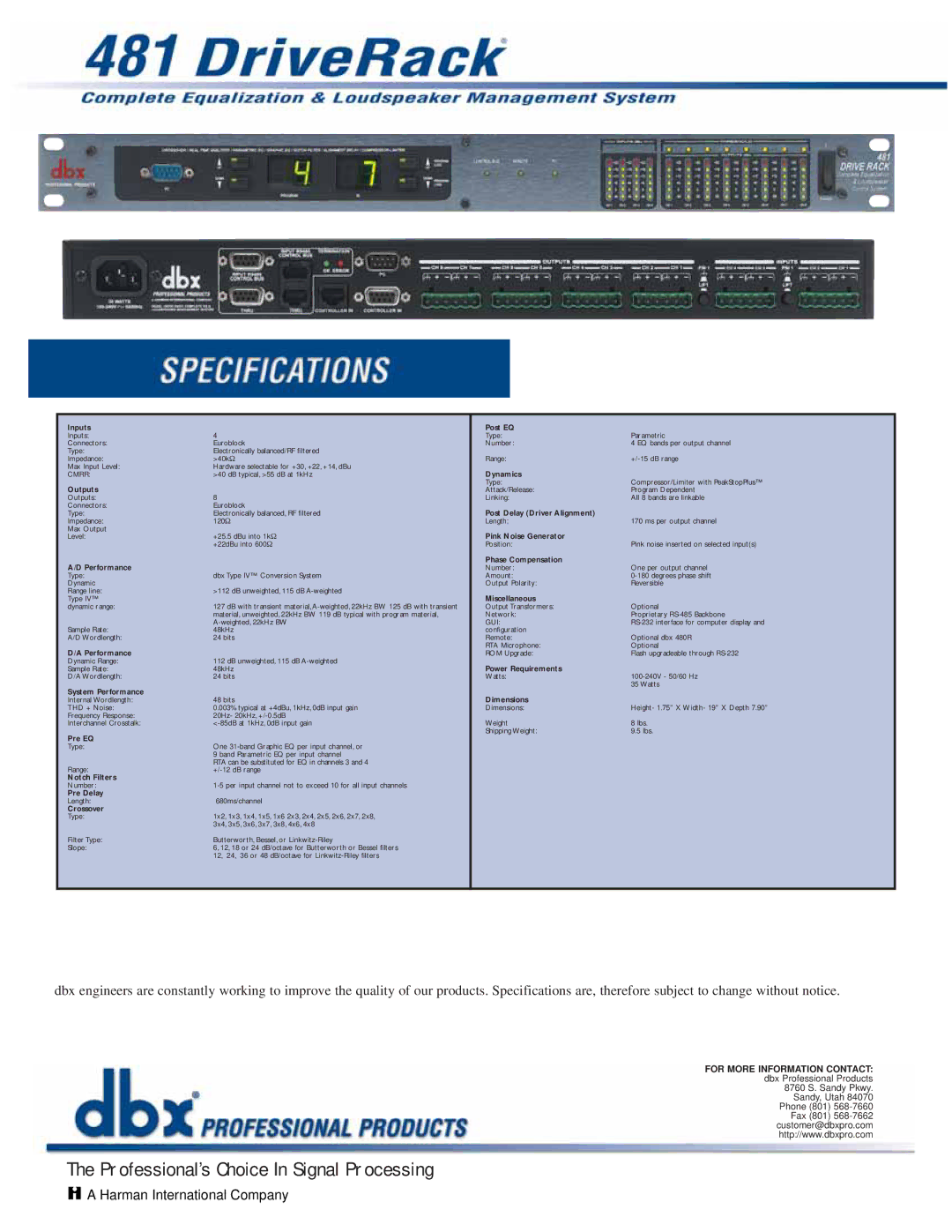 dbx Pro 481 DriveRack manual Inputs, Outputs, System Performance, Pre EQ, Notch Filters, Pre Delay, Crossover, Post EQ 