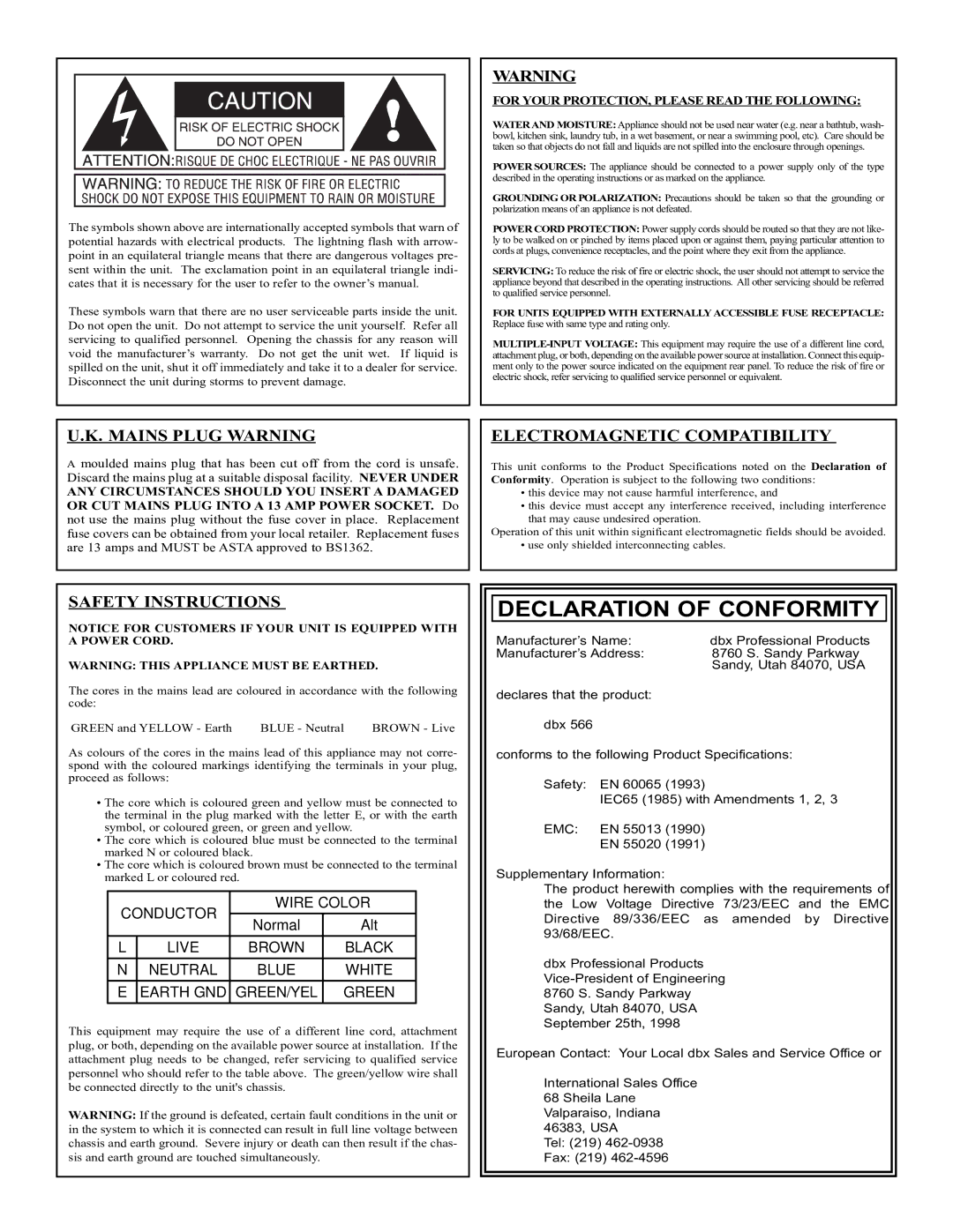 dbx Pro 566 owner manual Declaration of Conformity 