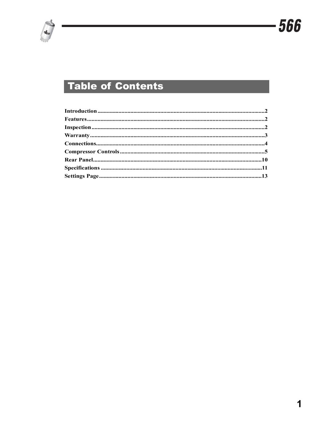 dbx Pro 566 owner manual Table of Contents 