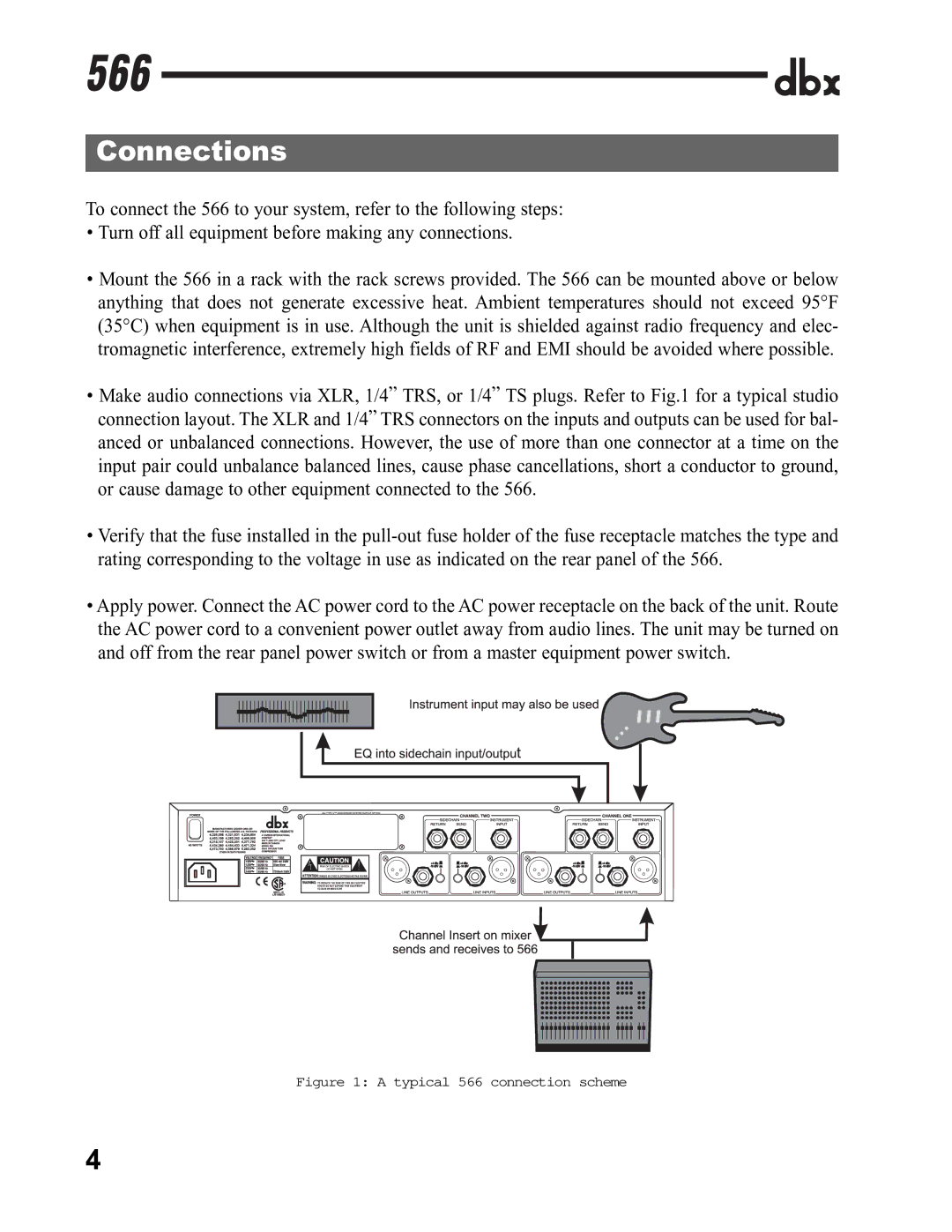 dbx Pro owner manual Connections, Typical 566 connection scheme 