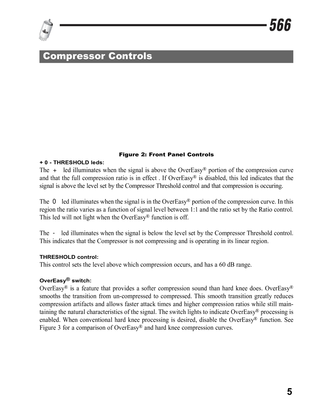 dbx Pro 566 owner manual Compressor Controls, Front Panel Controls + 0 Threshold leds 