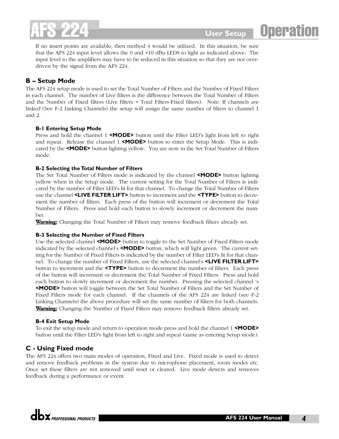 dbx Pro AFS 224 user manual User Setup Operation, Setup Mode, Using Fixed mode 