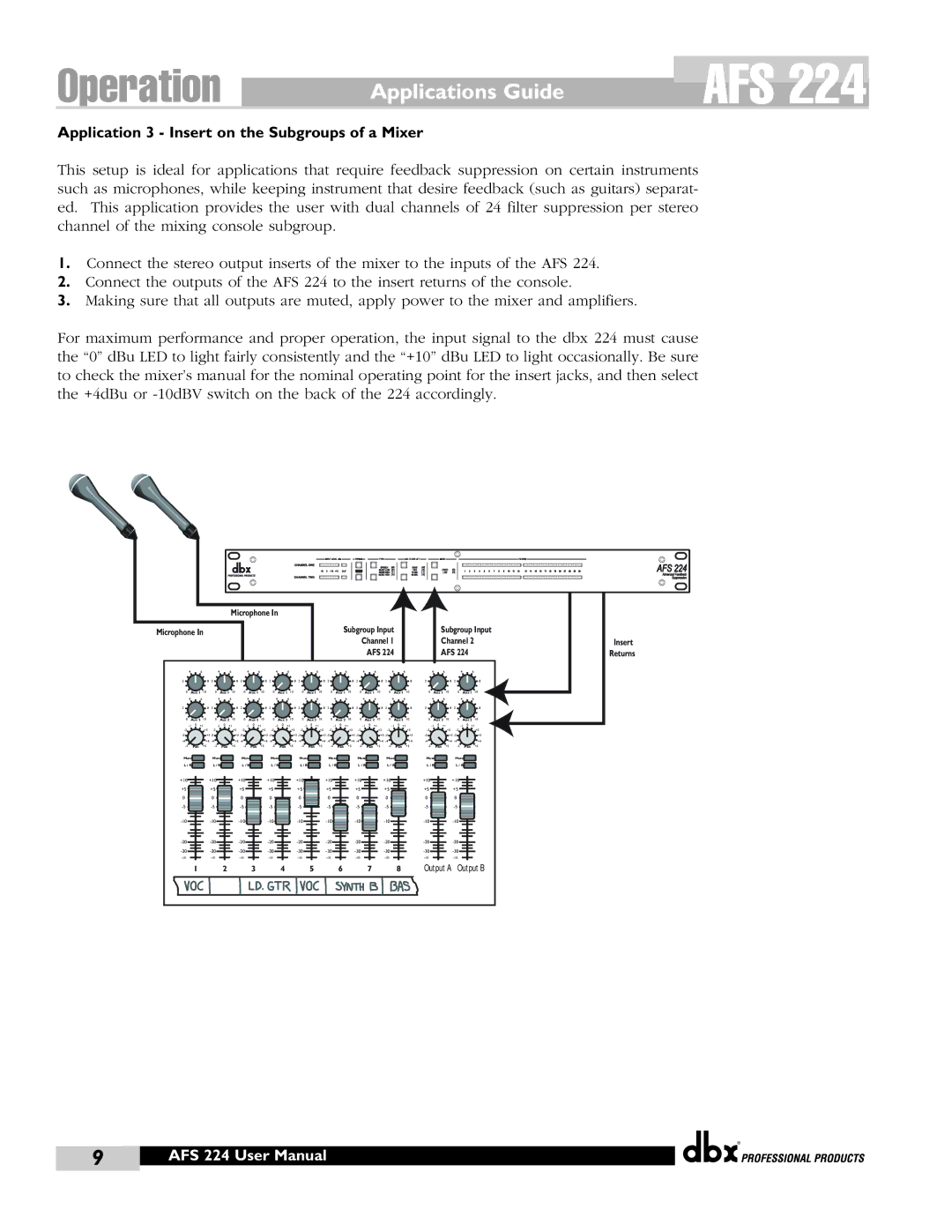 dbx Pro AFS 224 user manual Applications Guide, Application 3 Insert on the Subgroups of a Mixer 