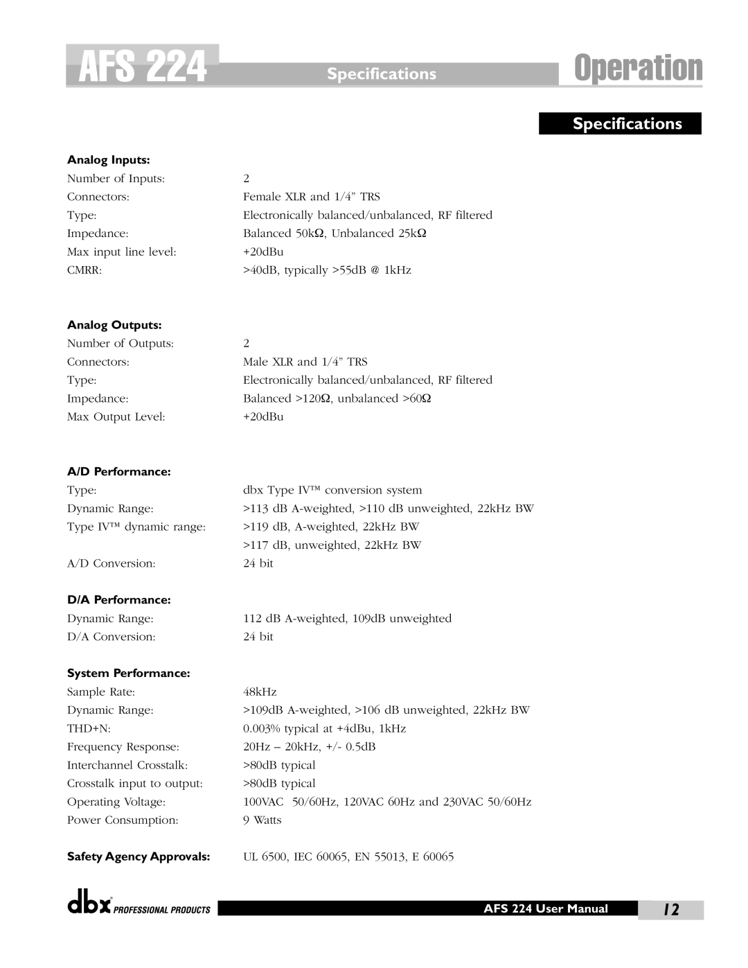 dbx Pro AFS 224 user manual Specifications 