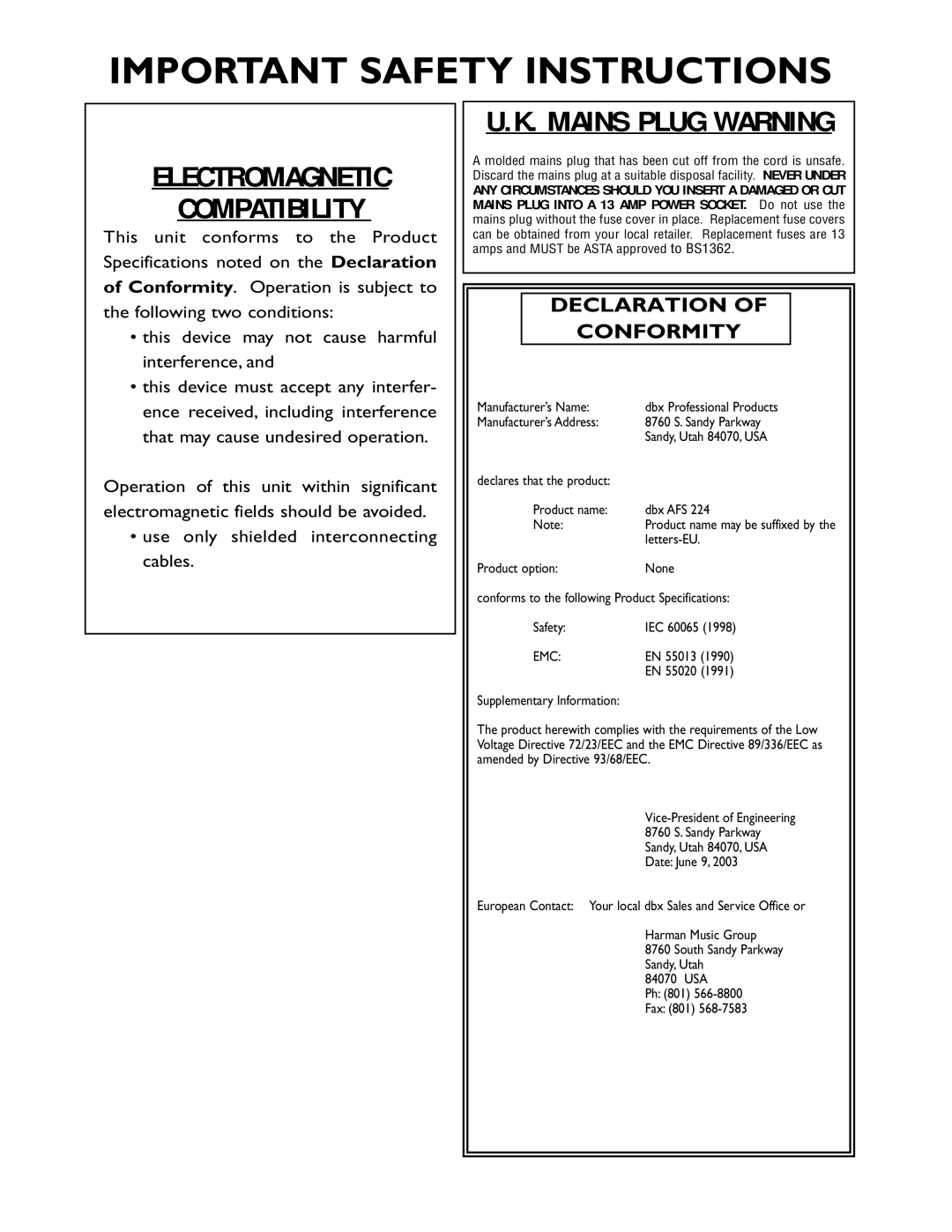 dbx Pro AFS 224 user manual Electromagnetic Compatibility 