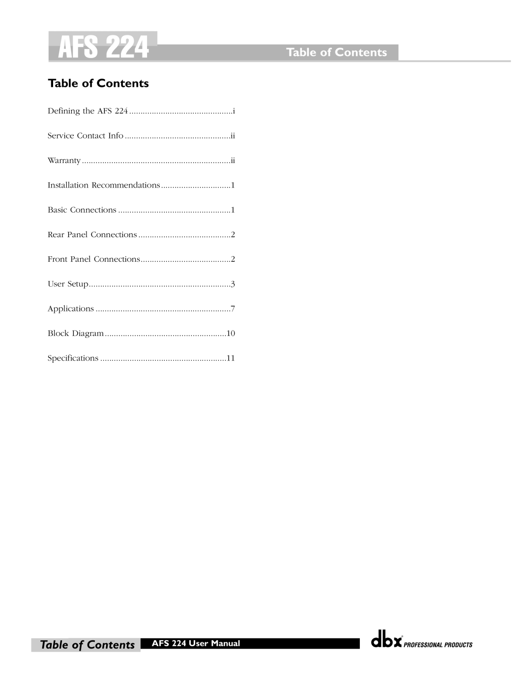 dbx Pro AFS 224 user manual Afs, Table of Contents 