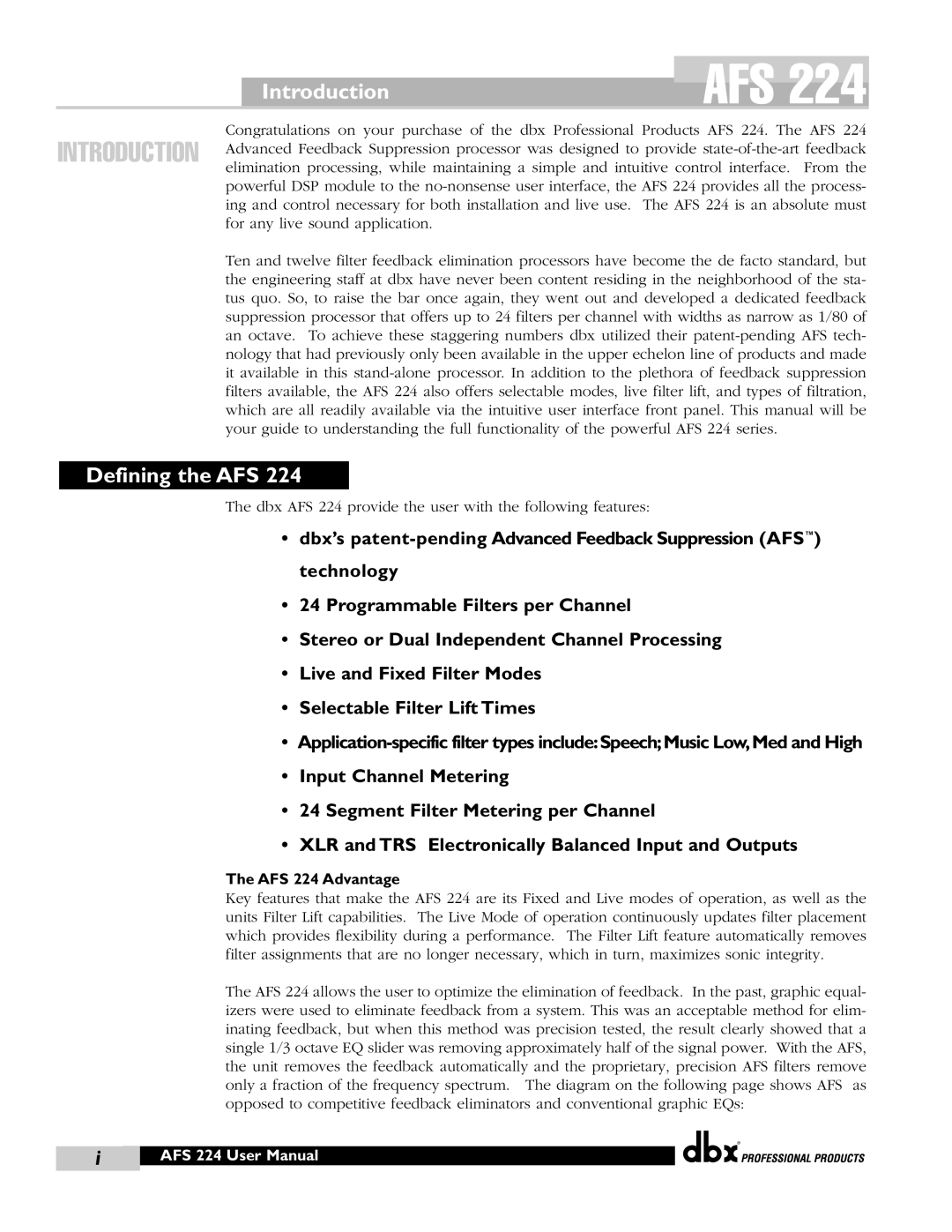 dbx Pro user manual Introduction, Defining the AFS, AFS 224 Advantage 