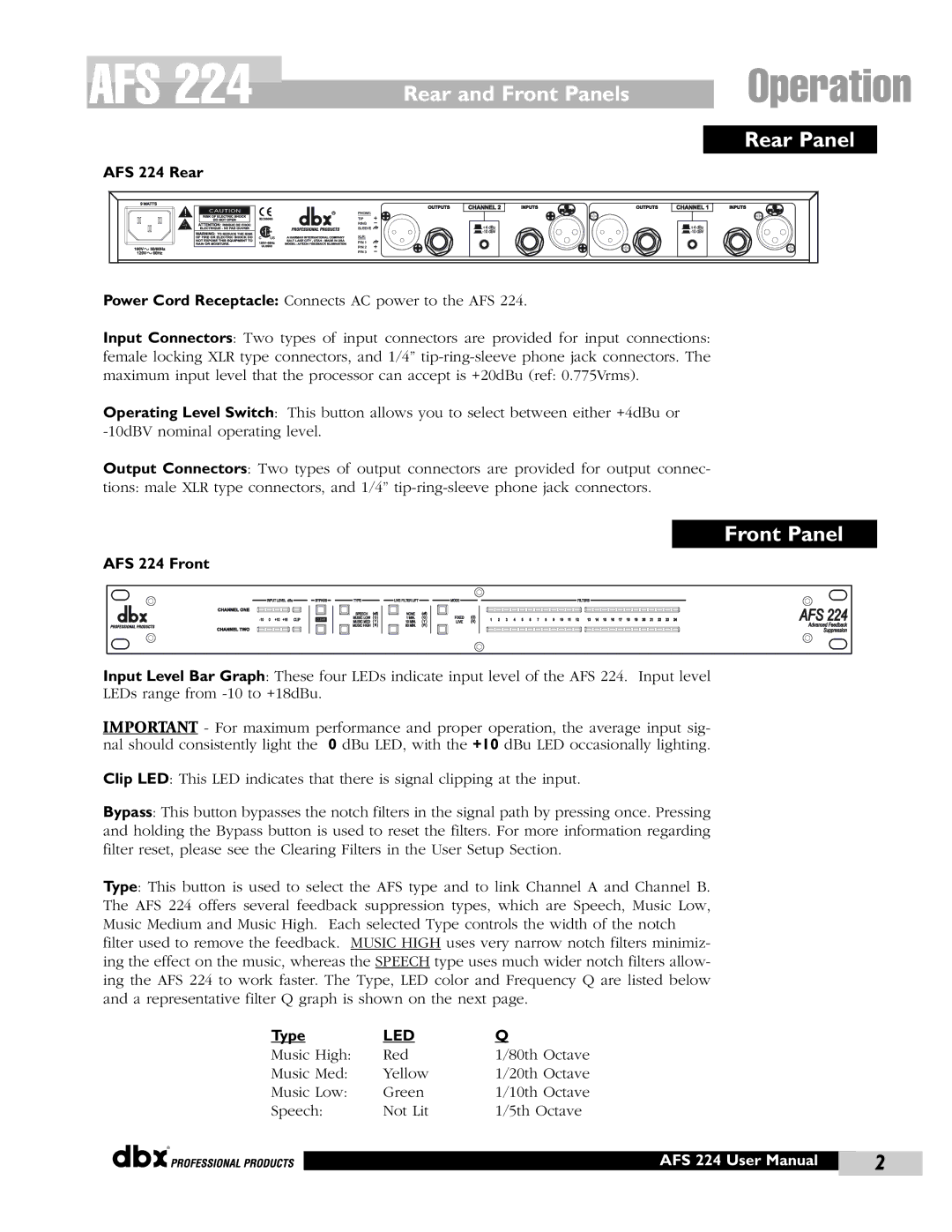 dbx Pro AFS 224 user manual Rear and Front Panels, Rear Panel 