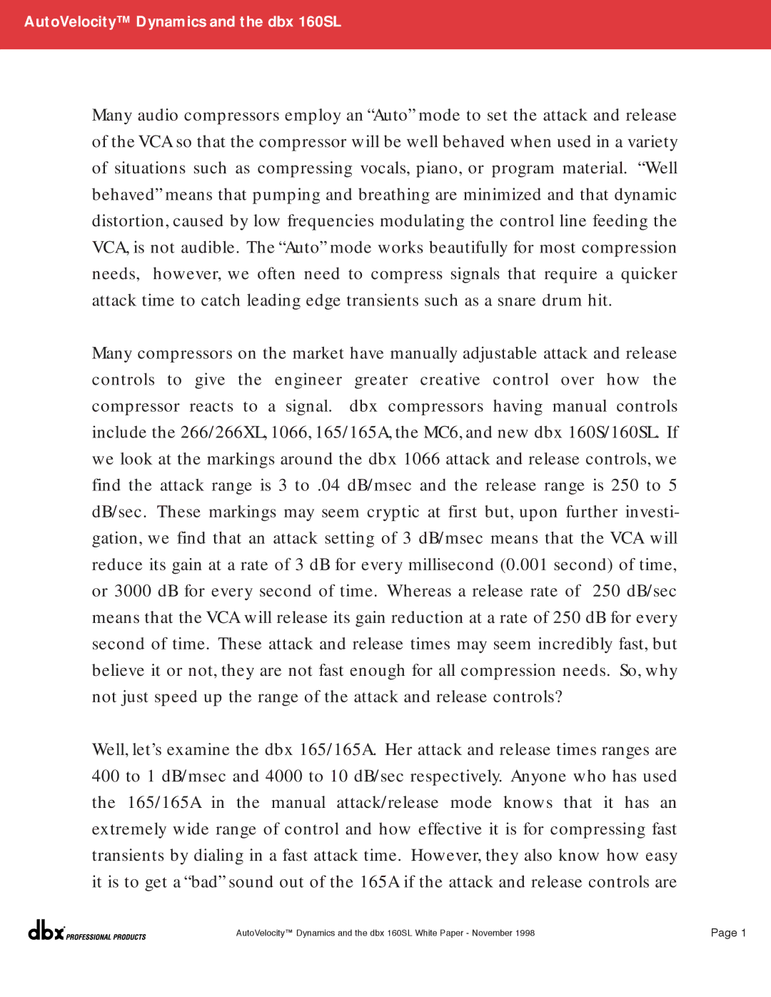 dbx Pro AUTOVELOCITY DYNAMICS AND THE DBX 160SL manual AutoVelocity Dynamics and the dbx 160SL 