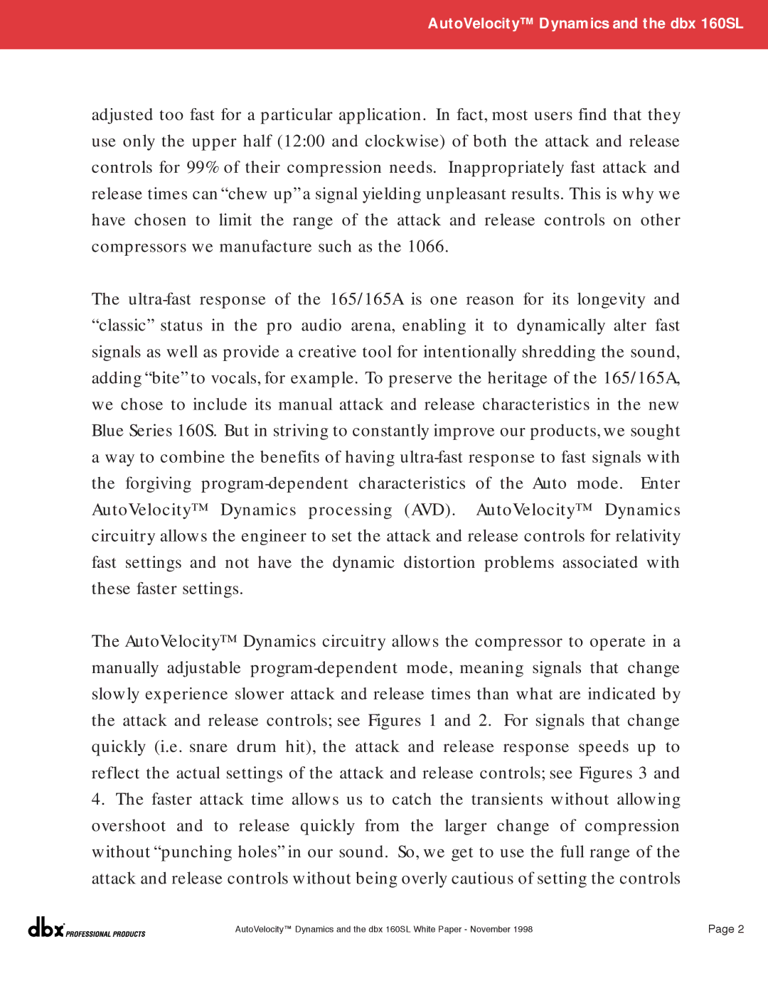 dbx Pro AUTOVELOCITY DYNAMICS AND THE DBX 160SL manual AutoVelocity Dynamics and the dbx 160SL 