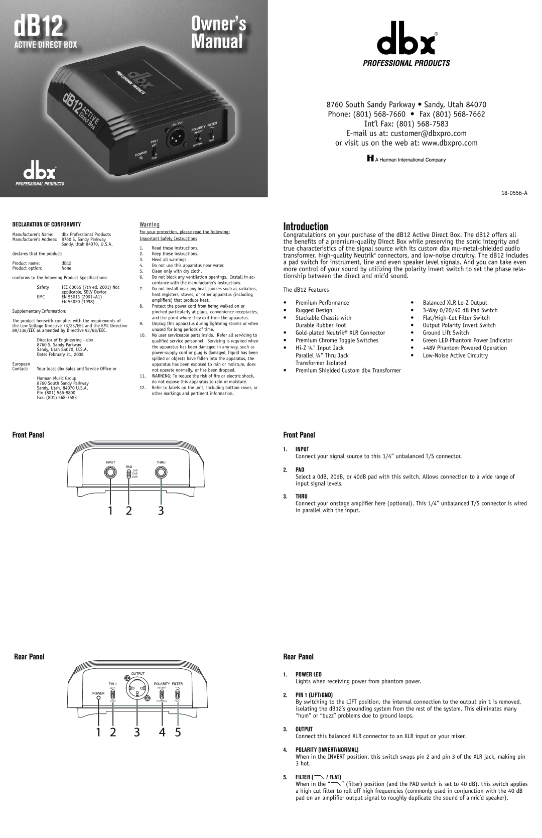 dbx Pro dB12 owner manual Introduction, Front Panel, Rear Panel 