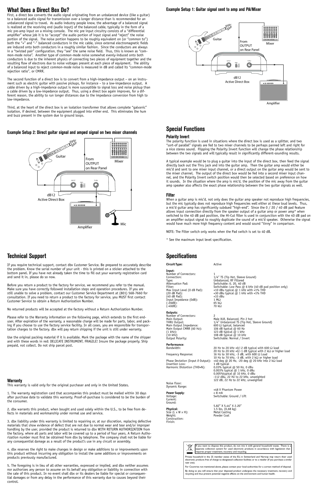 dbx Pro dB12 owner manual What Does a Direct Box Do?, Technical Support, Special Functions, Specifications 