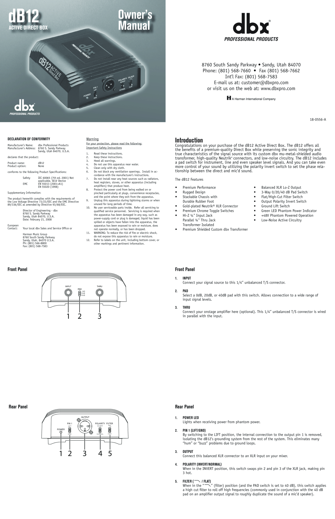 dbx Pro dB12 owner manual Introduction, Front Panel, Rear Panel, Manual, Owner’s, Active Direct Box, Input, Pad, Thru 