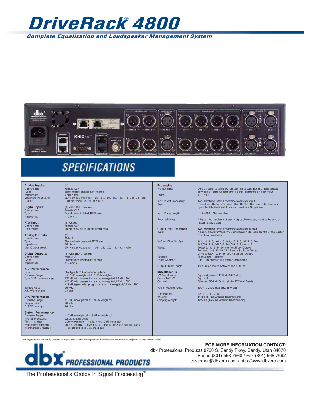 dbx Pro DriveRack 4800 Analog Inputs, Digital Inputs, RTA Input, Analog Outputs, Digital Outputs, Performance, Processing 