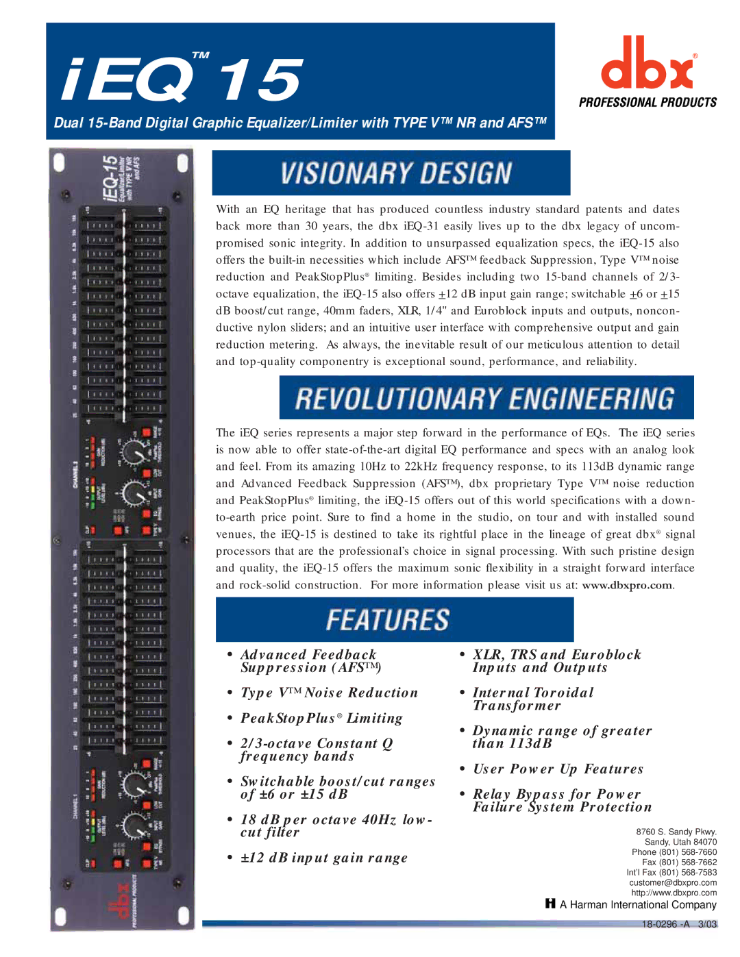 dbx Pro iEQ-15 specifications IEQ TM15 