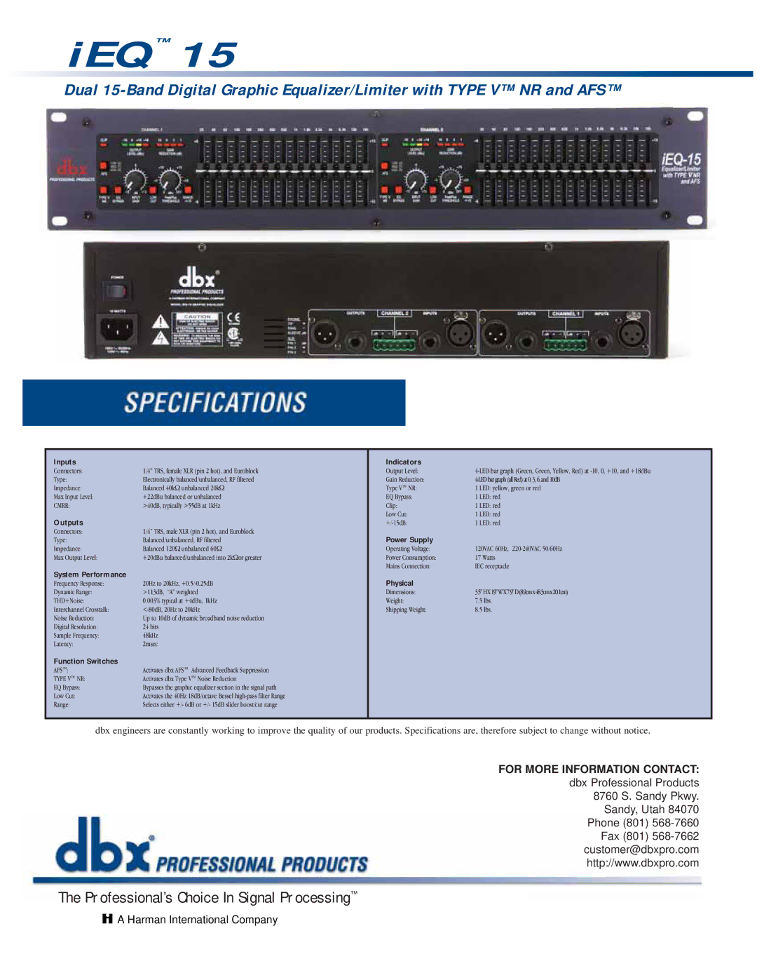 dbx Pro iEQ-15 specifications Ieq 