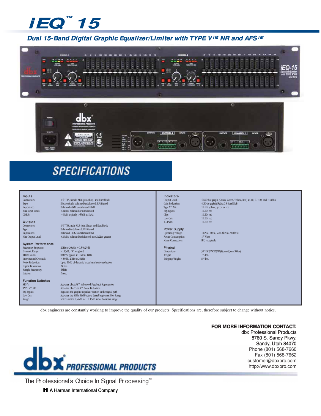 dbx Pro iEQ-15 The Professional’s Choice In Signal Processing, A Harman International Company, Inputs, Indicators, Outputs 