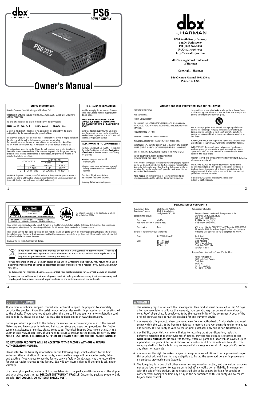 dbx Pro PS6 owner manual Support / Service, Warranty, Safety Instructions MAINS PLUG WARNING, Declaration of Conformity 