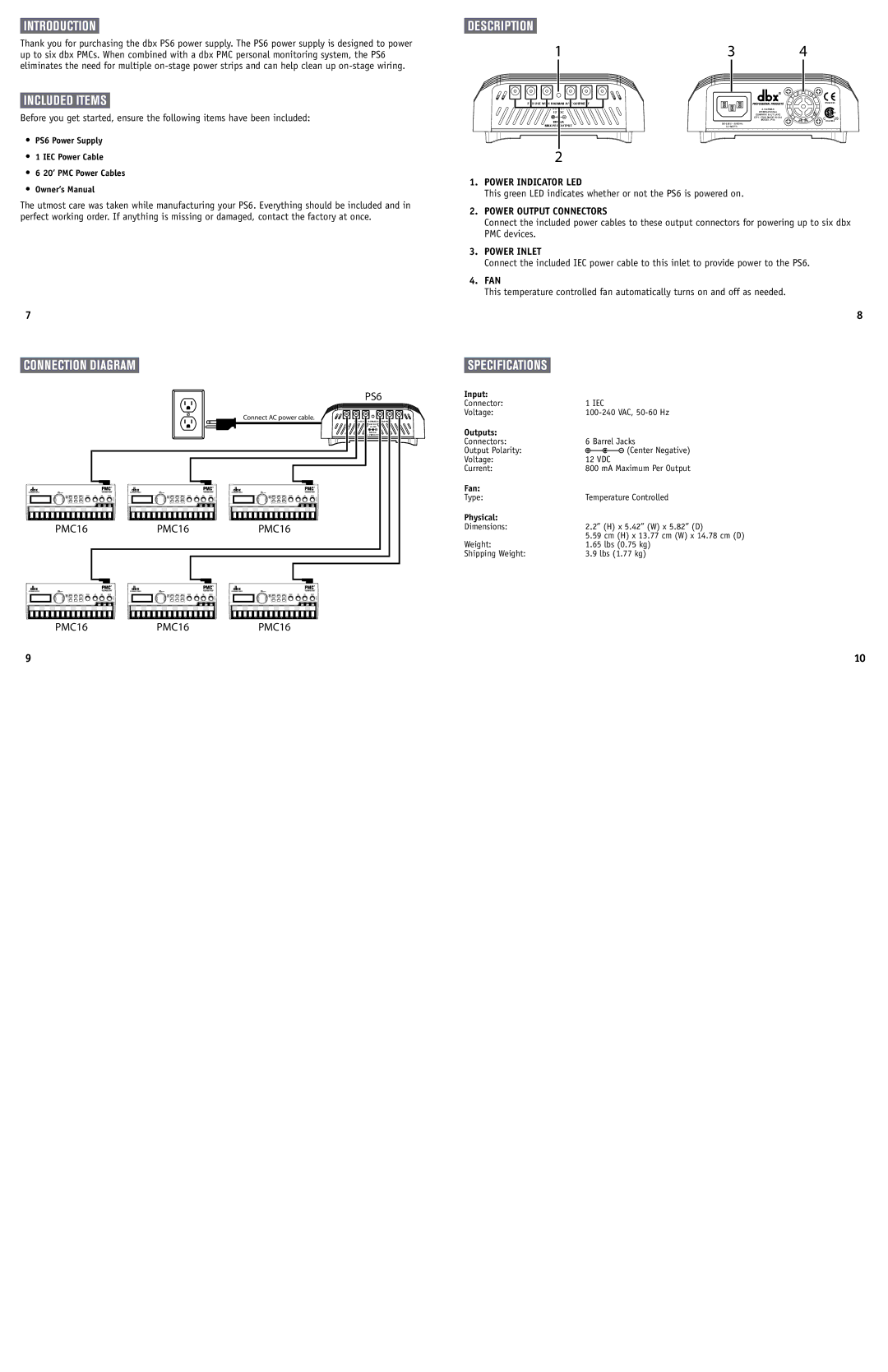 dbx Pro PS6 owner manual Introduction, Included Items, Description, Specifications 