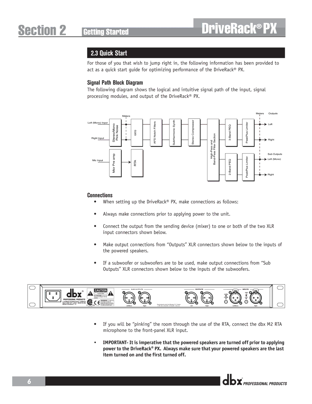 dbx Pro PX user manual Quick Start, Signal Path Block Diagram, Connections 