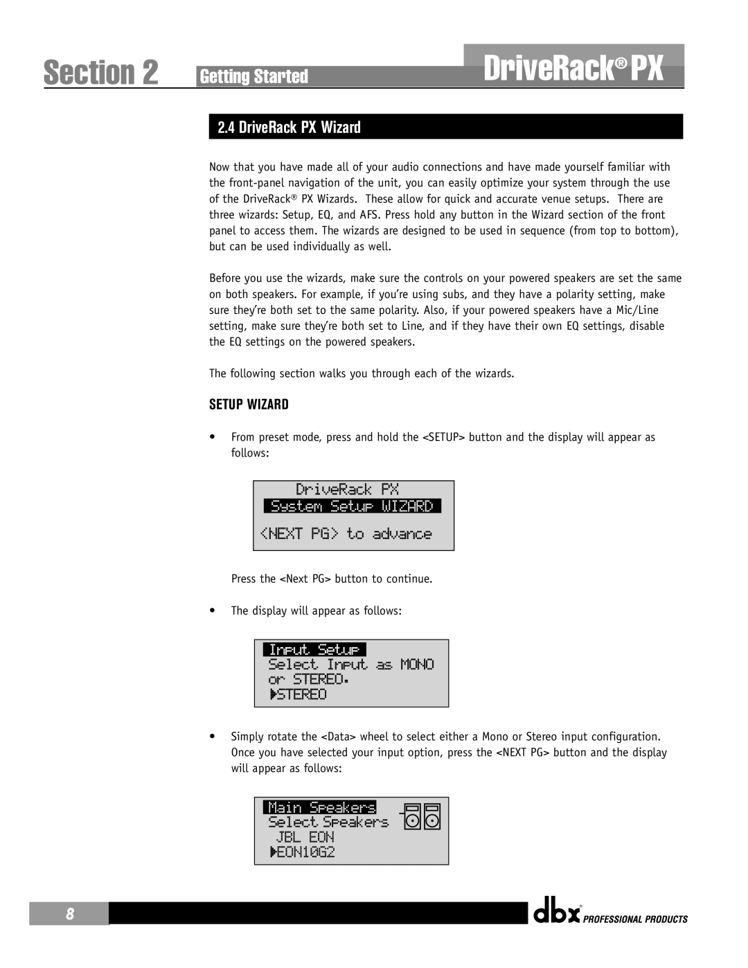 dbx Pro user manual DriveRack PX Wizard, Setup Wizard 