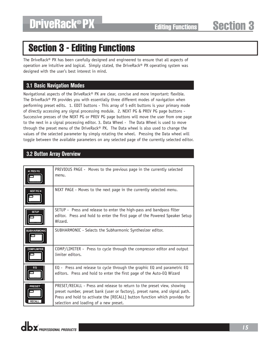 dbx Pro PX user manual Editing Functions, Basic Navigation Modes, Button Array Overview 