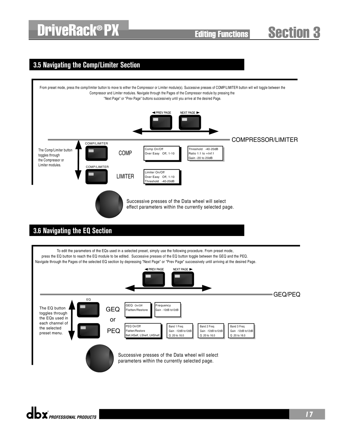 dbx Pro PX user manual Navigating the Comp/Limiter Section, Navigating the EQ Section 