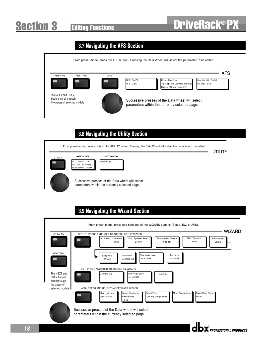 dbx Pro PX user manual Navigating the AFS Section, Navigating the Utility Section, Navigating the Wizard Section 