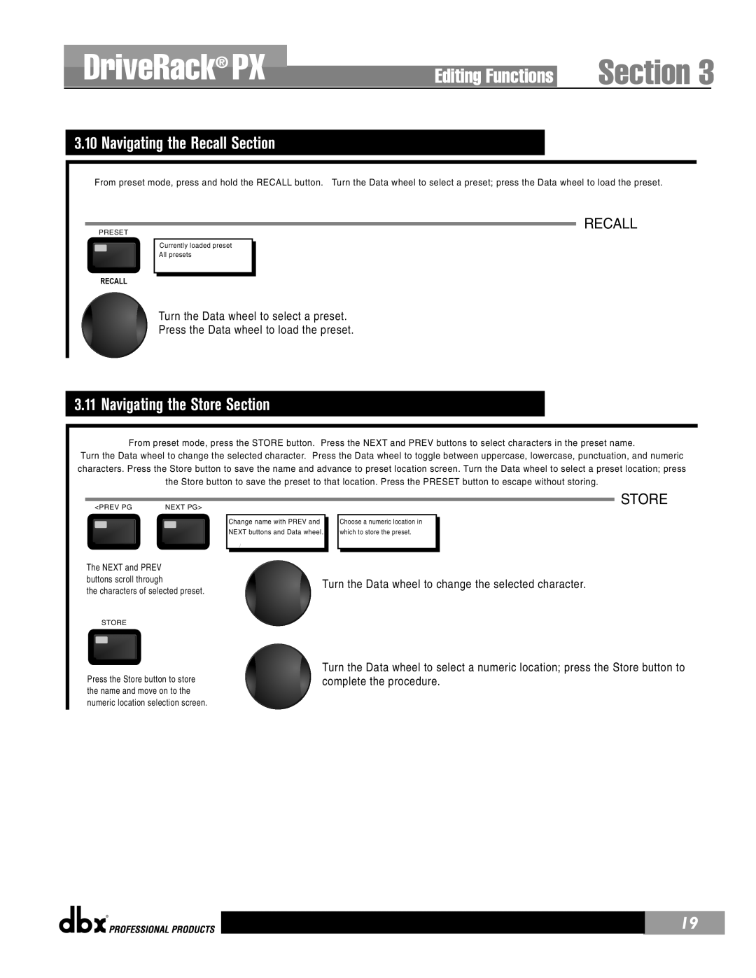 dbx Pro PX user manual Navigating the Recall Section, Navigating the Store Section 