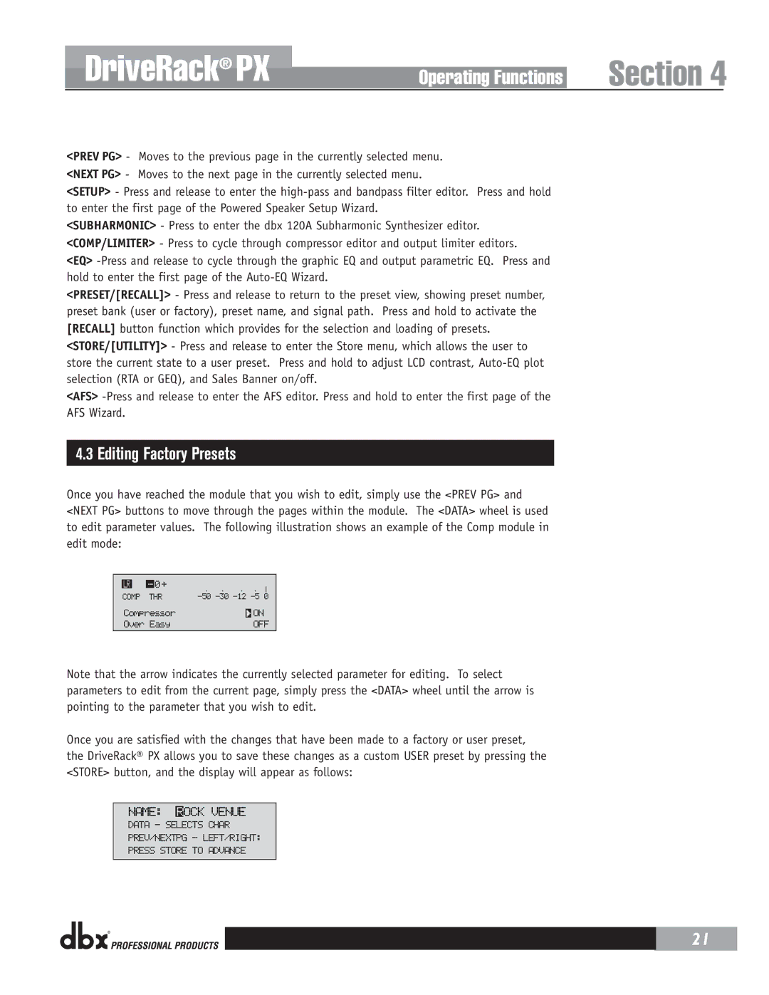 dbx Pro PX user manual Editing Factory Presets 