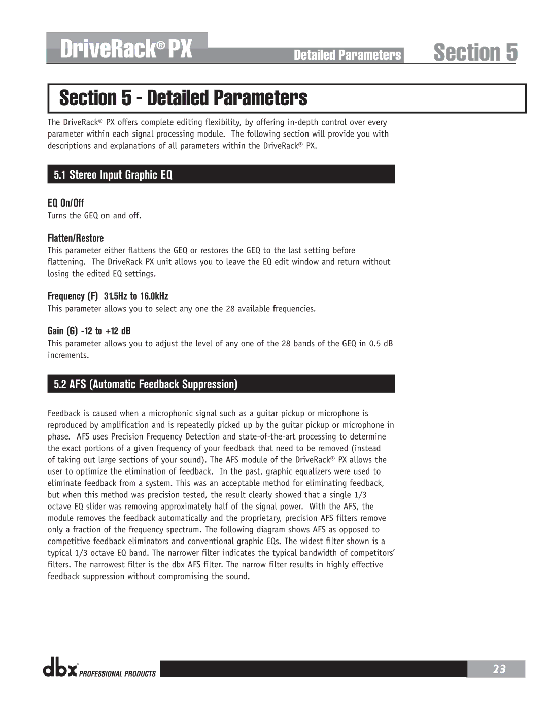 dbx Pro PX user manual Detailed Parameters, Stereo Input Graphic EQ, AFS Automatic Feedback Suppression 